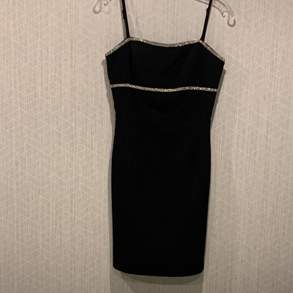 Lea & Viola Black Mini Dress with Double  Rhinestone Trim NEW With Tags Size Sm
